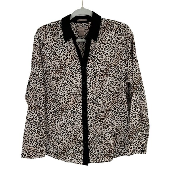 Chicos 2 Leopard Print Button-Up no iron Shirt Womens Size large Black Collar Co - Picture 2 of 11